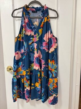1. State Beach Floral Swim Beach Dress Coverup V-Neck Ruffle Collar size XL FLAW